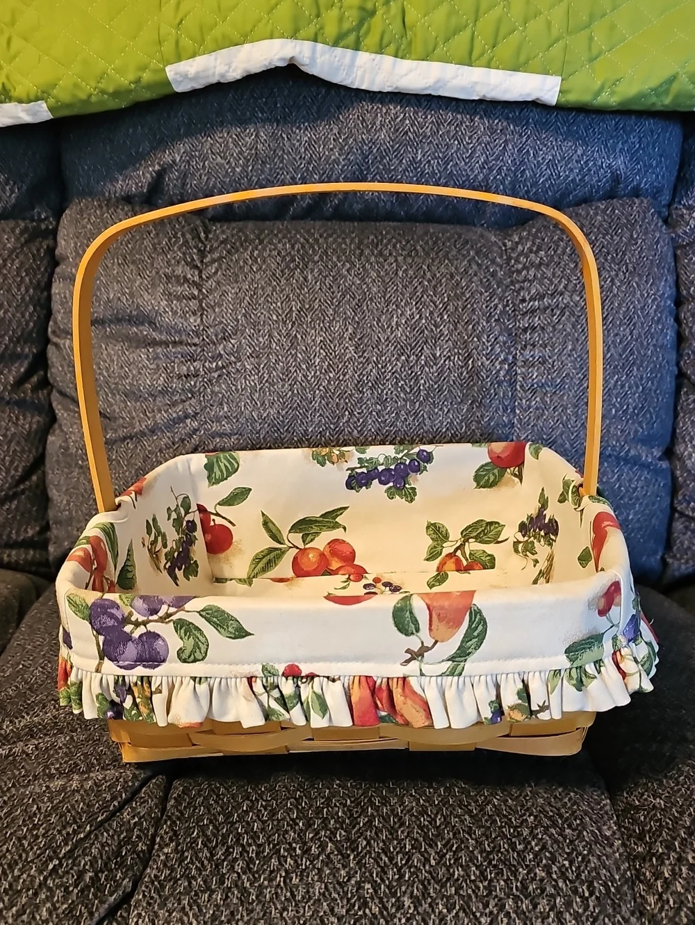 Longaberger Fruit-Print Wicker Basket with Cream Liner and Yellow Handle